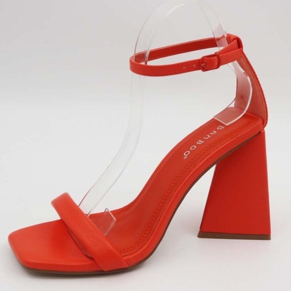 Premiere-07 Orange Vegan Leather Square Toe Ankle Strap Triangle Heeled Sandal - Picture 2 of 4